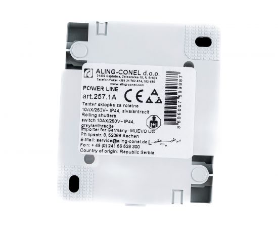 Кнопка выключателя управления жалюзи Aling-conel POWER IP44 10AX 250В открытой установки, серый 257.1A 117063 – изображение 3