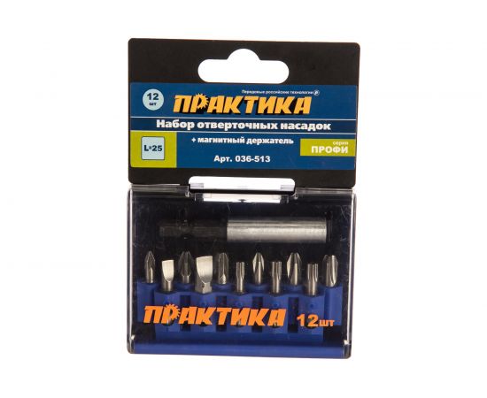 Набор бит (12 шт; PH; PZ; SL; Torx; 25 мм + магнитный держатель) ПРАКТИКА 036-513 – изображение 3