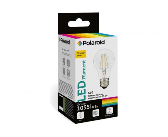 Светодиодная лампа Polaroid 220V FIL A60 8W 3000K E27 1055lm PL-A60F4283 