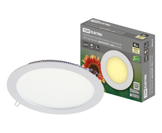 Светодиодный ультратонкий встраиваемый светильник TDM "Даунлайт" СВО белый 6 Вт 3000К SQ0329-0027 