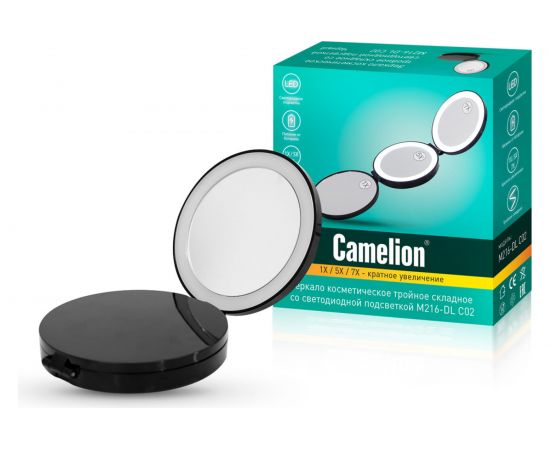 Зеркало с LED подсветкой Camelion черный, тройное, 1х/5х/7х, 4хCR2032 M216-DL 13003 
