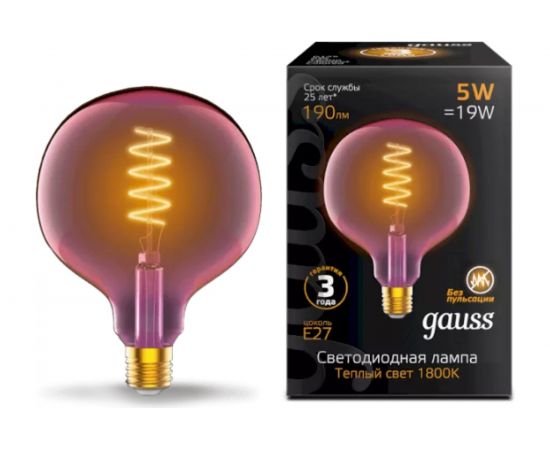 Лампа Gauss LED, Filament, Flexible, G125-C, Pink, E27, 5W, 190lm, 1800K, 125х178mm, 1/10 1011802105 