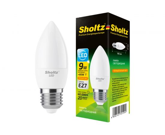 Светодиодная лампа Sholtz свеча 9Вт E27 2700К C37 220-240В, пластик LEC3019 – изображение 2