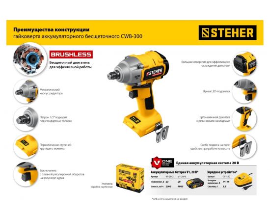 Бесщеточный гайковерт STEHER 20В, без АКБ CWB-300 – изображение 5