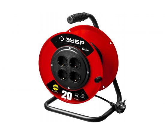 Удлинитель на катушке ЗУБР ПВС 307, 20 м, 2500 Вт, 4 гнезда, ПВС 3х0,75 кв мм, 55083-20 