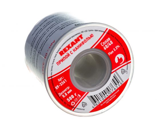 Припой с канифолью (500 гр., 0.8 мм, Sn60/Pb40 Flux 2.2%) REXANT 09-3361 – изображение 3