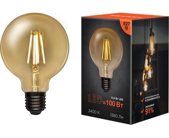 Филаментная лампа REXANT Груша A95 11.5 Вт 2400K E27 золотистая колба 604-142 