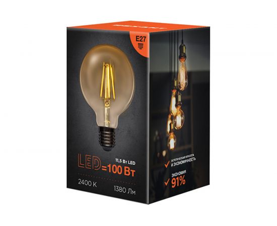 Филаментная лампа REXANT Груша A95 11.5 Вт 2400K E27 золотистая колба 604-142 – изображение 6