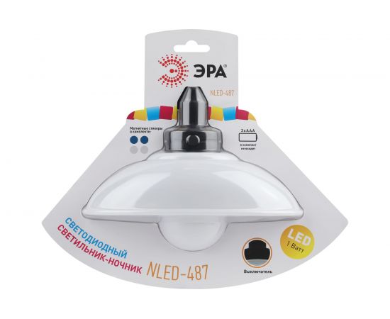 Светодиодный ночник-светильник ЭРА NLED-487-1W-SW-W настенный, на батарейках, с выключателем белый, Б0051474 