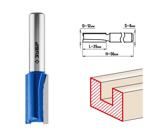 Фреза пазовая прямая ПРОФЕССИОНАЛ (12х25х56 мм; хвостовик 8 мм) Зубр 28753-12-25 
