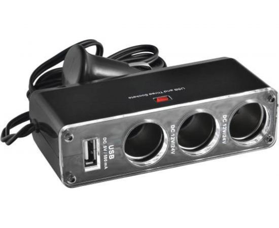 Разветвитель прикуривателя 3 гнезда + USB SKYWAY черный, предохранитель 5А, USB 1A S02301008 