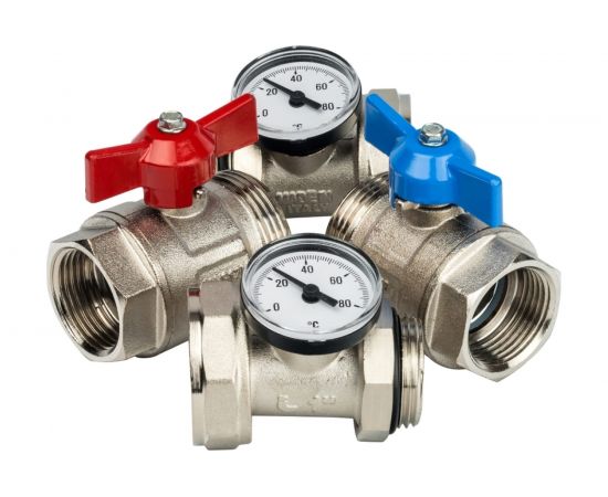 Комплект прямых шаровых кранов с термометрами STOUT 1" SMS-1000-030001 