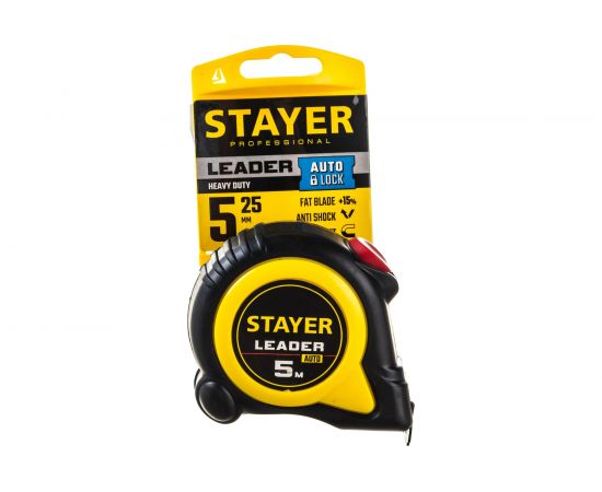 Рулетка Stayer LEADER 5м / 25мм с автостопом в ударостойком обрезиненном корпусе 3402-5_z02 