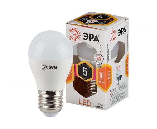 Светодиодная лампа ЭРА LED P45-5W-827-E27, шар, теплый Б0028486 – изображение 3