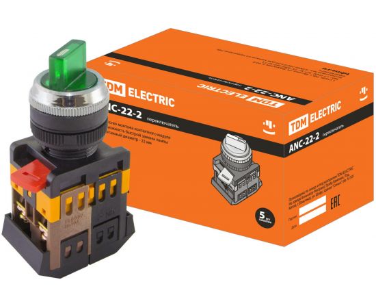 Переключатель TDM АNС-22-2, на 2 фиксированных положения, зеленый, неон, 230В, I-O, 1з 1р SQ0703-0002 – изображение 2