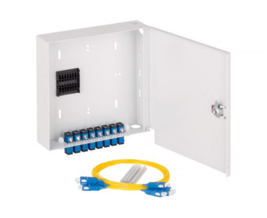 Настенный оптический кросс NIKOMAX укомплектованный, на 8 портов, SC/UPC, SM 9/125 OS2, полный комплект NMF-WP08SCUS2-IP-ES-GY 