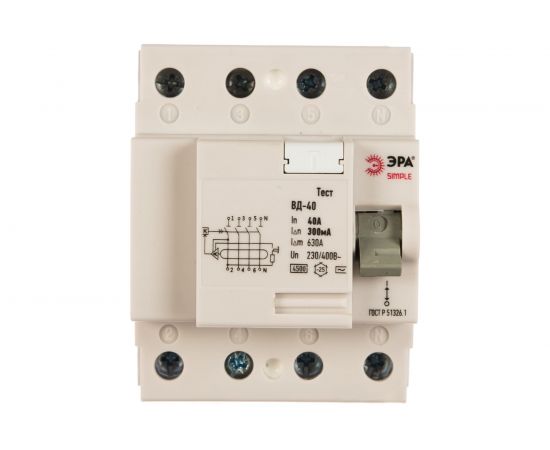 Устройство защитного отключения ЭРА SIMPLE УЗО ВД-40 4P 40А/300мА электронное Б0039273 