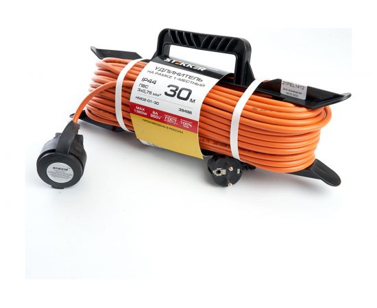 1-местный удлинитель-шнур на рамке STTEKER с заземлением 3x0,75мм2, 30м, 10А, оранжевый HM02-01-30 39496 