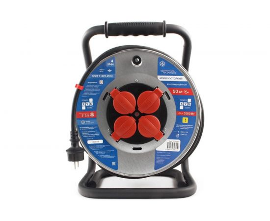 Удлинитель на металлической катушке Power Cube 4 розетки, с заземлением, IP44, 16А, 50м, резина, 3*2,5мм2 PC44803 