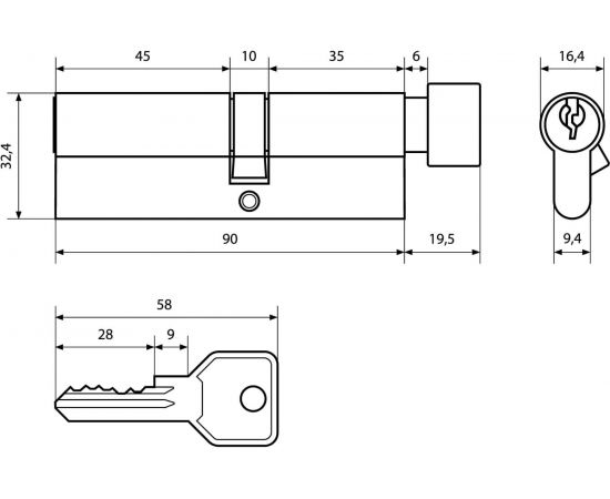 Цилиндровый механизм Стандарт Z.I.90В-5K CP (35x10x45 мм; 5 ключей; английский ключ; вертушка) 11121 – изображение 2