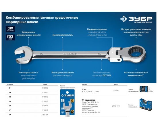 Комбинированный гаеч��ый ключ трещоточный шарнирный Зубр ПРОФ 27101-13 – изображение 2