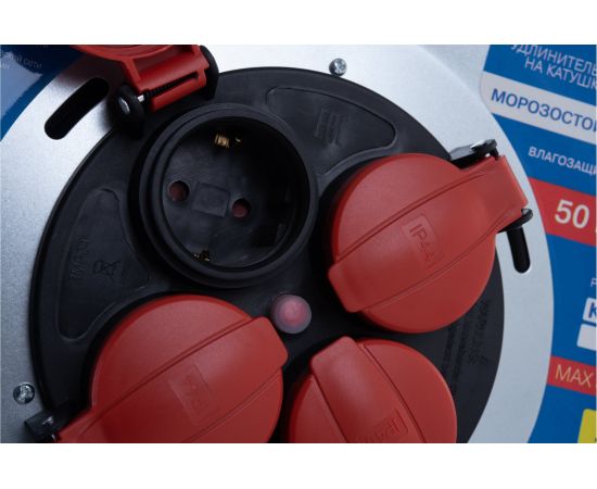 Удлинитель на металлической катушке Power Cube 4 розетки, с заземлением, IP44, 16А, 50м, резина, 3*2,5мм2 PC44803 – изображение 4