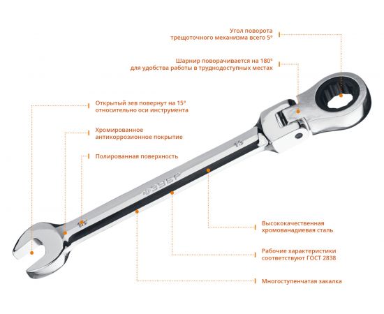 Комбинированный гаеч��ый ключ трещоточный шарнирный Зубр ПРОФ 27101-13 – изображение 5