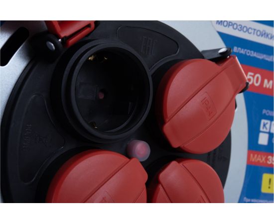Удлинитель на металлической катушке Power Cube 4 розетки, с заземлением, IP44, 16А, 50м, резина, 3*2,5мм2 PC44803 – изображение 5