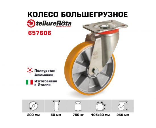 Колесо с вращающейся опорой и пластиной крепления (200 мм; 750 кг) Tellure rota 657606 – изображение 2