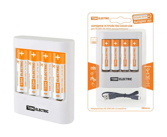 Зарядное устройство TDM 3044Н 300 mA 4 слота АА/ААА 2 кан.+4xAA2500 USB SQ1702-0105 