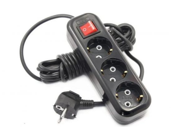 Сетевой удлинитель LUX У3-ЕВК-05 черный, с выключателем, 3-местный, с заземляющим контактом, 250В, 16А, 5м 4606400418221 