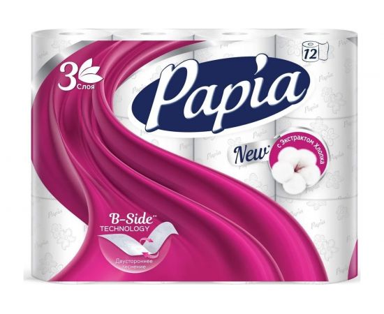 Туалетная бумага PAPIA HAYAT 3 слоя, 12 рулонов, белая 1/7 