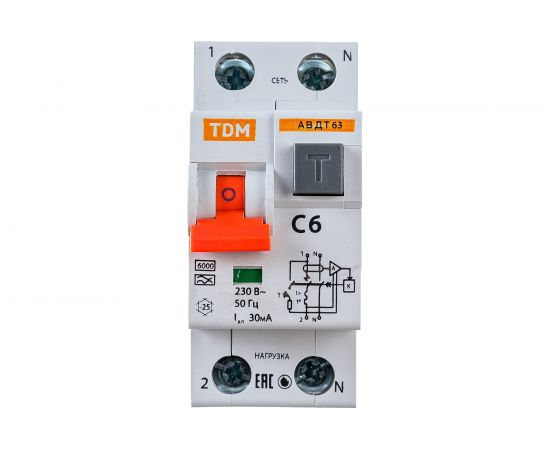 Автоматический выключатель дифференциального тока TDM 63 2Р1Р+N C6 30мА 6кА тип А SQ0202-0100 