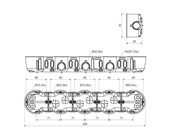 Установочная приборная коробка (подрозетник) KOPOS пятиместная KP 64 Electro 71x354х45 для твердых стен (комплект из 2 штук) KP 64 / 5 (KA) – изображение 2