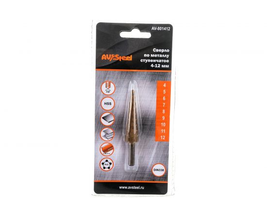 Сверло ступенчатое по металлу (4-12х48х68 мм; HSS) AV Steel AV-801412 