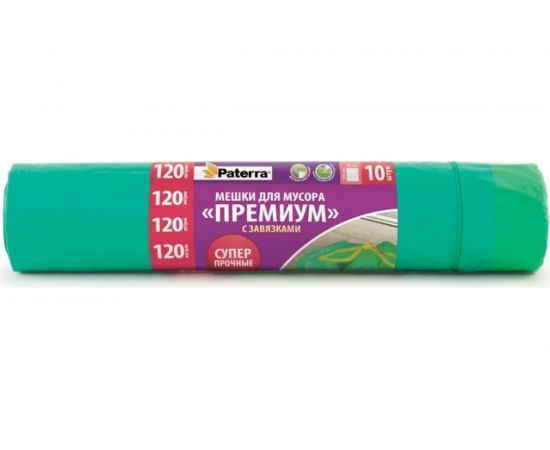 Мешки для мусора PREMIUM (10 шт; 120 л) с завязками зеленые PATERRA 106-009 