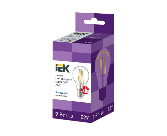 Лампа IEK серия 360, LED, A60, прозрачная, 9вт, 230В, 6500К, E27 LLF-A60-9-230-65-E27-CL – изображение 2