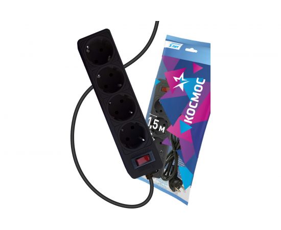 Сетевой фильтр КОСМОС 1,5м, 4 гнезда, пвс 3x0,75мм2, черный FKsm1.5m-4g(B) 