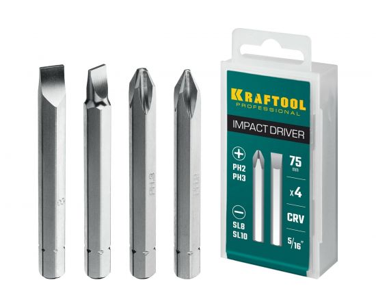 Биты KRAFTOOL 4 шт, 75 мм для ударной отвертки 25552 