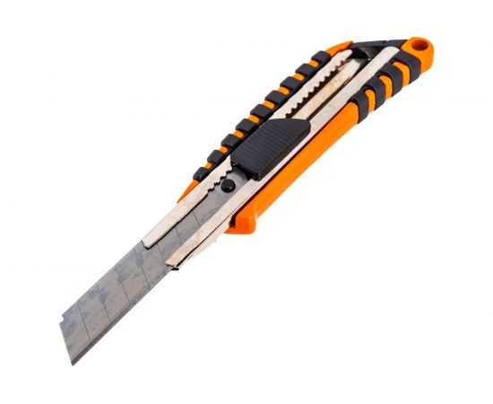 Нож, 18 мм выдвижное лезвие металлическая направляющая, двухкомпонентный корпус Sparta 78982 