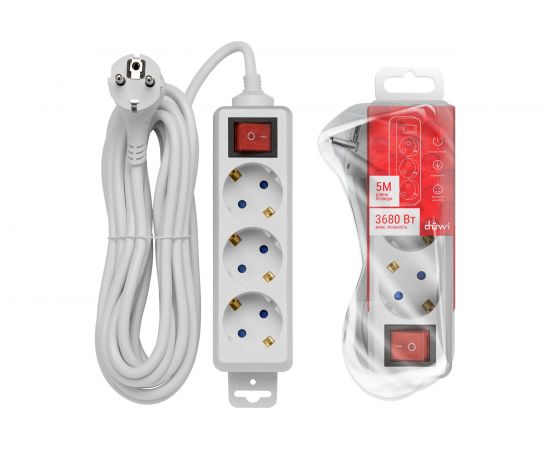 Удлинитель с заземлением duwi с выкл. Supraline 3 розетки, 5 метров, 3х1,5мм2, 3680 Вт, 16А, 32059 3 