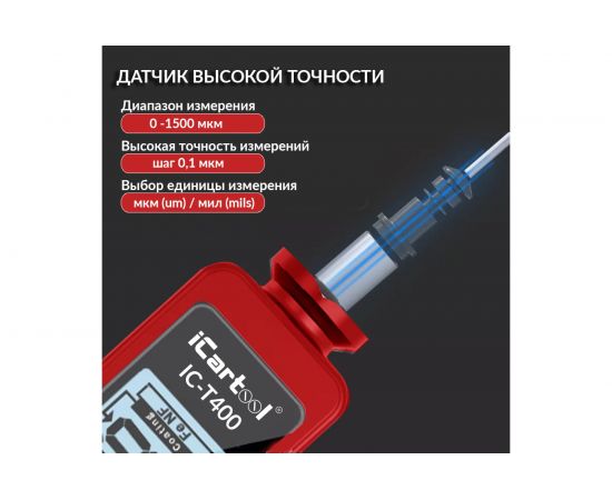 Толщиномер лакокрасочных покрытий iCartool, Fe+Zn-nFe-Fe, 3%, IC-T400 – изображение 3