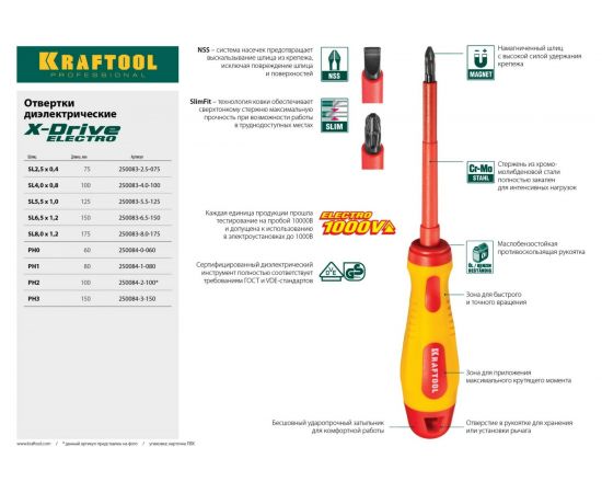 Отвертка KRAFTOOL высоковольтная, Cr-Mo-V стержень, двухкомп. маслобензостойкая рукоятка, PH №3, 150мм 250084-3-150 – изображение 4