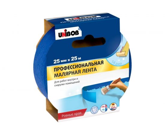 Малярная клейкая лента UNIBOB Профи 25 мм х 25 м для наружн. работ, синий 211734 – изображение 2