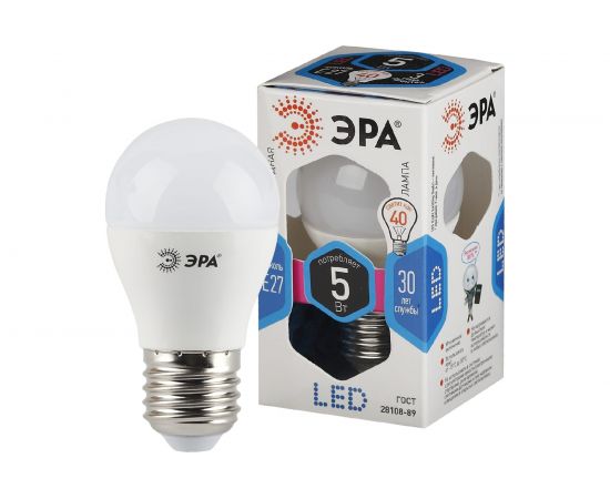 Светодиодная лампа ЭРА LED P45-5W-840-E27, шар, нейтральный Б0028488 – изображение 3