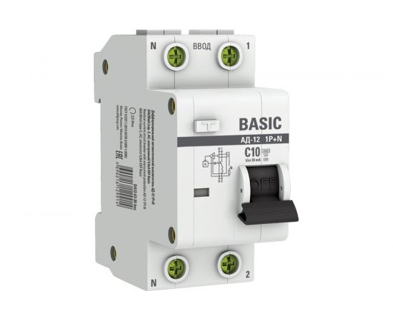 Дифференциальный автомат EKF 1P+N 10А 30мА тип АС, C, электронный 4,5кА АД-12 Basic SQDA12-10-30-bas 