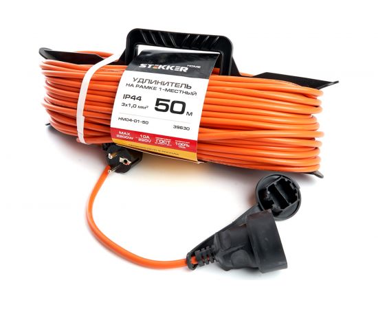 1-местный удлинитель-шнур на рамке STEKKER с заземлением HM04-01-50, 3х1,0мм2, 50м, 10А, Home, оранжевый 39630 