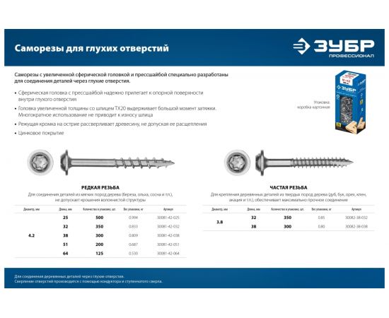 Саморезы для глухих отверстий ЗУБР Профессионал, редкая резьба, 25x4.2 мм, 500 шт. 30081-42-025 – изображение 4