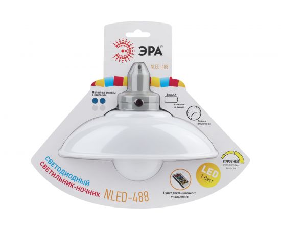 Светодиодный ночник-светильник ЭРА NLED-488-1W-MS-W настенный, на батарейках, с пультом белый, Б0051478 