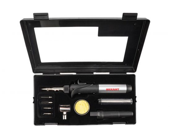 Газовый паяльник с пьезоподжигом REXANT 17 мл, 11 предметов 12-0505 